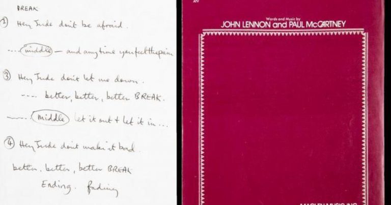 Paul McCartney’s handwritten “Hey Jude” lyrics sell for $910,000